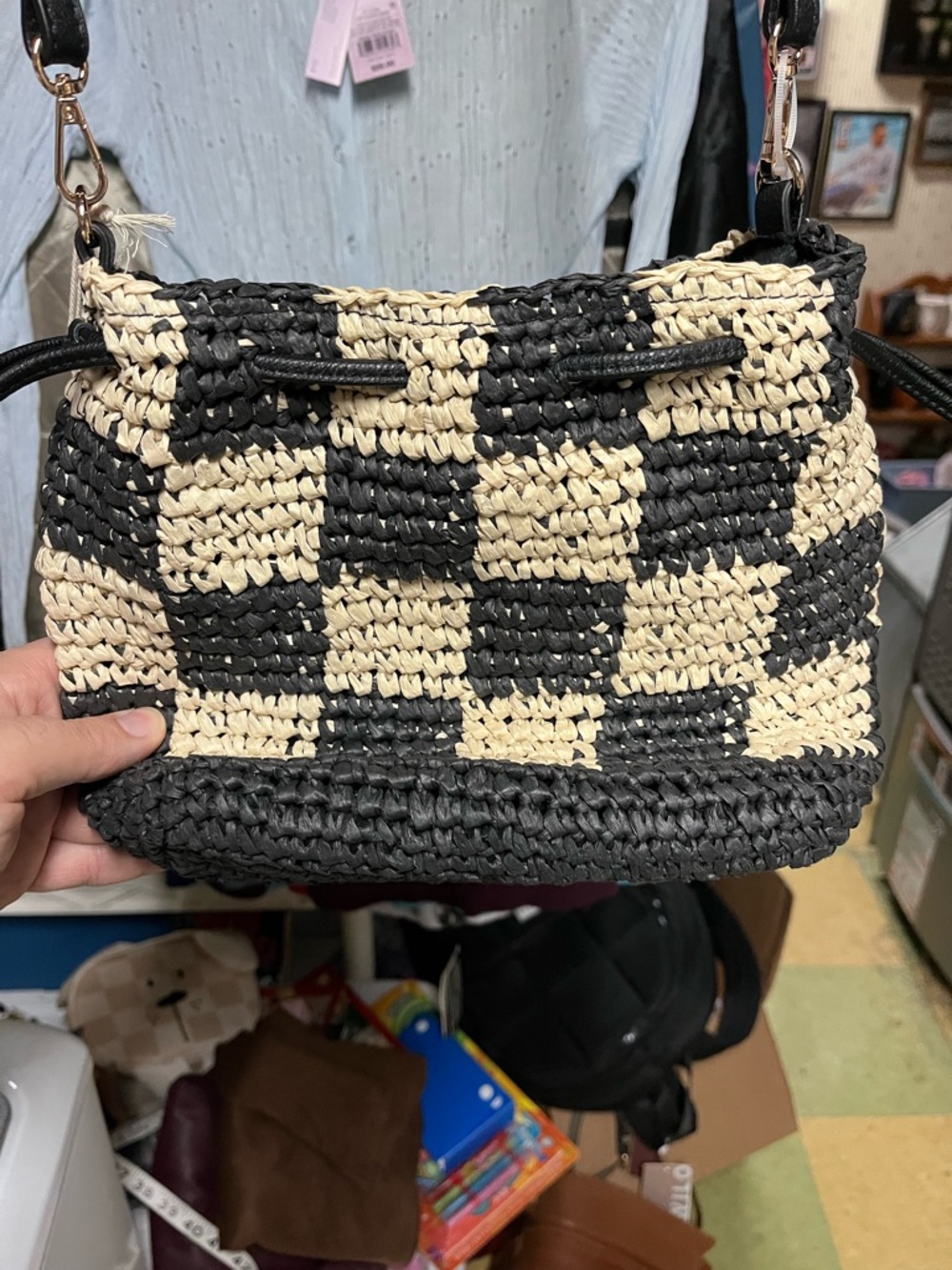 Woven Checkerboard Crossbody Bag - Black & Natural NWT